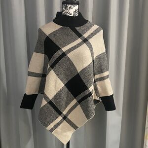 SHEIN Black and Cream Plaid Poncho